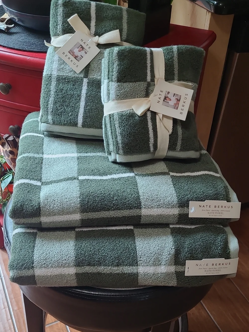 Nate Berkus Forest Green and White Plaid Towel Set